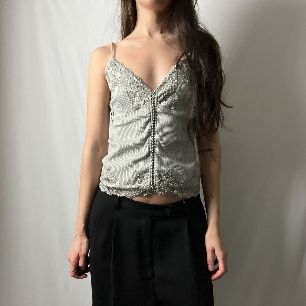 y2k gray minimalist ribbed lace trim fitted lace up v neck cami tank top